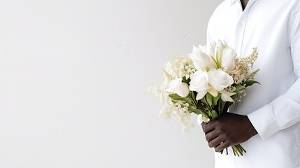 Hands of an African-American man in a business suit holding a bouquet of flowers on a white background.