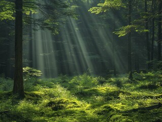 Forest clearing bathed in a solitary sunbeam, symbolizing hope and nature's healing light