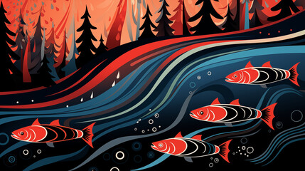 School of salmon in waves in the sea with forest overhead in Pacific Northwest native style
