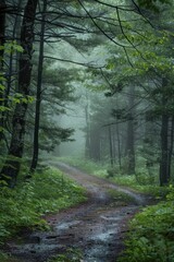 Fototapeta premium Tranquil forest path through mist, beckoning reflection and nature's peaceful embrace