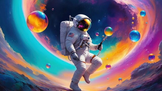 Beautiful painting of an astronaut in in a colorful bubbles galaxy on a different planet. generative, ai.