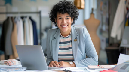 A smiling woman with curly hair, wearing a blue blazer and striped shirt, working in a fashion design studio with a mannequin and clothing in the background.