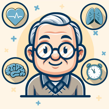 Cartoon person with glasses, Old man cartoon, medicine icons