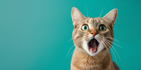 Surprised shocked cat with open mouth and big eyes isolated on flat solid background. - obrazy, fototapety, plakaty