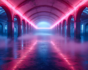 Futuristic Neon Lights in a Tunnel, Modern Abstract Space, Vibrant Blue and Pink Illumination, Technology Background