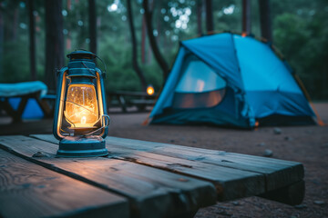 Camping acetylene lantern on wooden table with blurred background in camping area at natural parkland. - obrazy, fototapety, plakaty