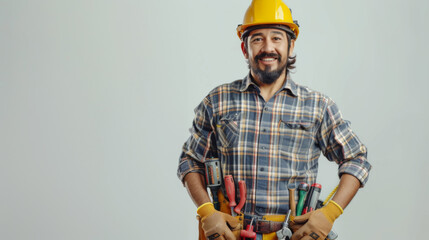 A cheerful worker in a plaid shirt and yellow hard hat, equipped with a tool belt holding various tools, confidently standing with a hand on his hip.