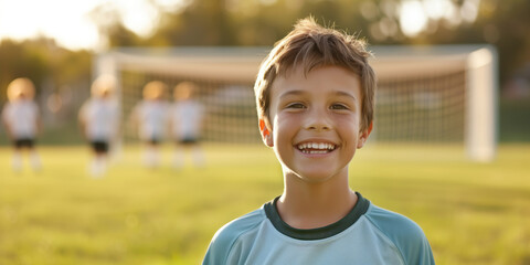 Cheerful ten years old boy in soccer uniform smiling on a backdrop of soccer pitch. Sports and active leisure for young kids. - obrazy, fototapety, plakaty