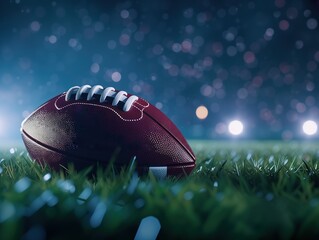 football sits on the grass of a field at night. The background is a dark blue with lights.