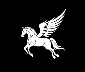 Vector illustration of a white pegasus with spread wings on a black background
