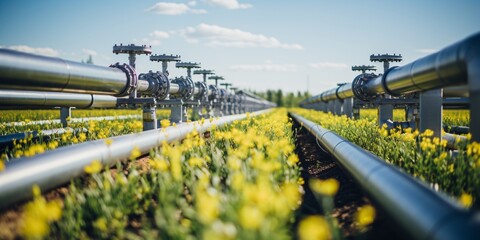 a row of pipes in a field of flowers - obrazy, fototapety, plakaty