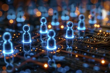 Cyber espionage concept with neon blue spy figures accessing confidential digital information