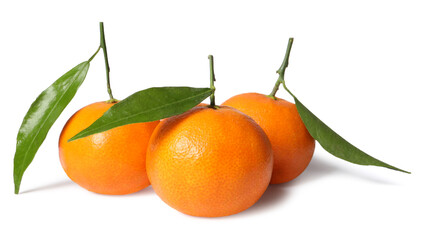 Fresh ripe juicy tangerines with green leaves isolated on white