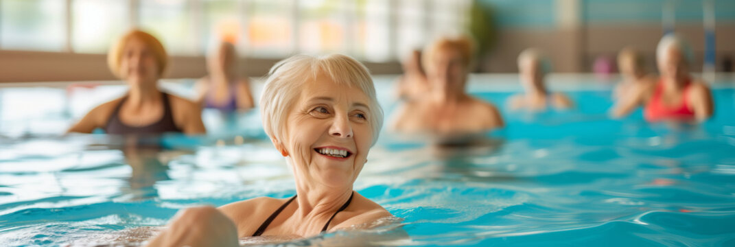 Cheerful senior lady exercising in swimming pool. Group of mature women doing gymnastics in the gym pool. Healthy lifestyle for elderly people.