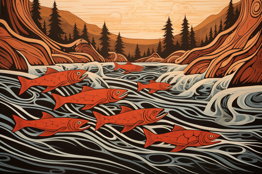 School of salmon in waves in the sea with forest overhead in Pacific Northwest native style