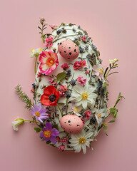 uovo di pasqua ricoperto o fatto da fiori e foglie e uova di quaglia , sfondo rosa scontornabile, spazio per testo ,  - obrazy, fototapety, plakaty