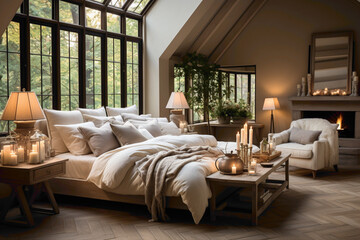 Discover the inviting charm of a room dressed in comforting beige hues. Experience the cozy atmosphere that radiates warmth, creating a space perfect for relaxation and rejuvenation. - obrazy, fototapety, plakaty