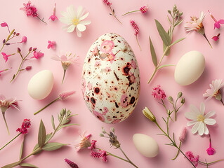 uovo di quaglia  ricoperto o fatto da fiori e foglie e uova di quaglia , sfondo rosa scontornabile, spazio per testo ,  - obrazy, fototapety, plakaty