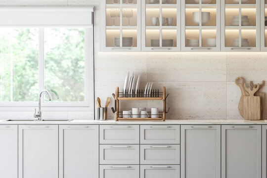 Close up image of modern vintage style kitchen counter 3d render, There are light gray counter cabinet with white marble top ,decorated with wooden kitchenware ,large window overlooking nature view