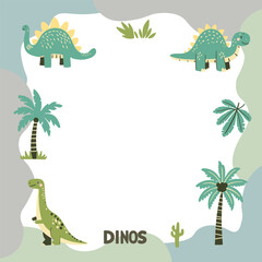 Dinosaur set of frames for kids photos, templates or invitations. Vector illustration of a dino with a blot frame in simple cartoon hand-drawn style.
