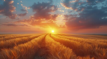 Golden wheat field with a path under a sunset sky, symbolizing abundance and the beauty of nature