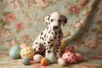 A charming Dalmatian puppy with Easter egg-inspired spots, perched on a vintage, floral-patterned surface, complemented by a collection of classic, hand-painted Easter eggs.