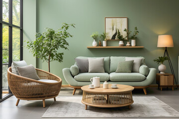 A snapshot of a stylish living space where an Ellipse coffee table takes center stage, complemented by a light green sofa and wicker chairs arranged against a serene green wall.