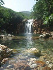 Fototapeta na wymiar Waterfall's majesty in lush surroundings, symbolizing nature's cleansing power