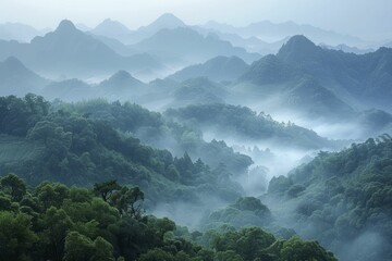 Misty mountains at dawn, embodying the serene and mysterious aspects of nature's beauty