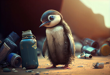 Environmental pollution. Sad cute little penguin.