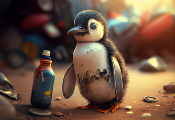 Environmental pollution. Sad cute little penguin.