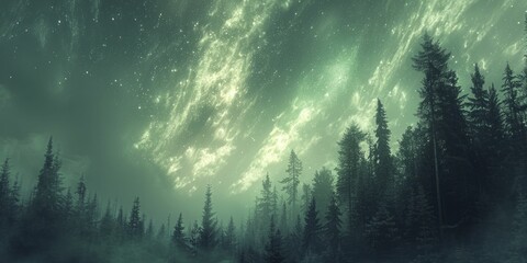 Northern lights over a silent forest, illustrating the magical and healing light of nature - obrazy, fototapety, plakaty