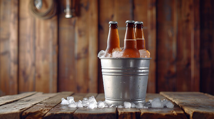 Fototapeta na wymiar A bucket of ice with three brown bottles of beer.