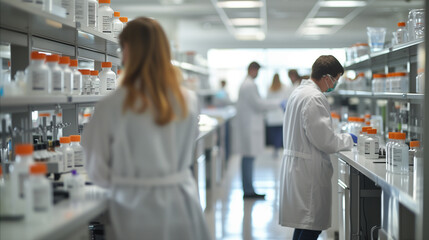 A team of scientists in lab coats are conducting research in the laboratory
