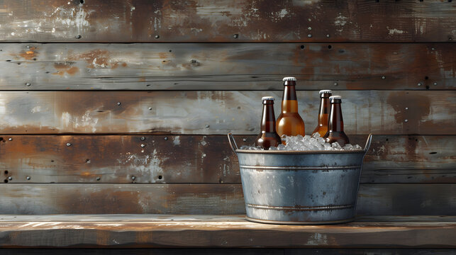 A bucket of ice with three brown bottles of beer.