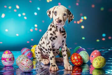 A Dalmatian puppy with vibrant, Easter egg spots, sitting on a glossy, cyan-colored surface, surrounded by a selection of brightly colored Easter eggs.