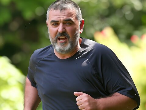 Middle-aged man enjoys an invigorating outdoor run, embracing the fresh air and staying active. His determined stride reflects a commitment to a healthy lifestyle and well-being