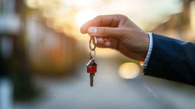A hand holding a house-shaped keychain and key against a blurred residential backdrop at sunset.