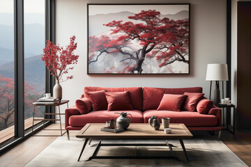 Dive into the serenity of a soft red sofa paired with a suitable table in the living room, surrounded by an empty frame awaiting your personalized touch.