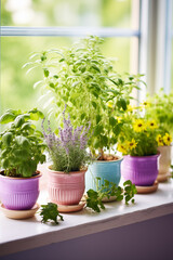 Fragrant herbs in pots. Eco house. Green corner. Houseplants background. Basil, Rosemary, Mint, Thyme


