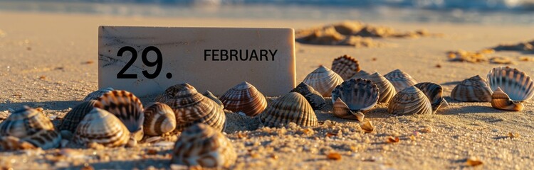 sign that says "29.february" on a wooden board, at the beach with shells in the sun