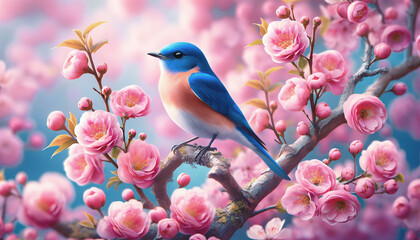 Beautiful blue bird on a branch of blossoming sakura, beauty in the nature concept