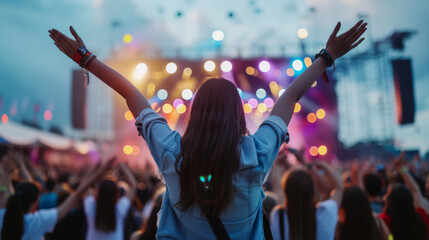 A person with raised hands is enjoying a live music concert, surrounded by a crowd and vibrant stage lighting, capturing the energetic atmosphere of the event.