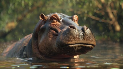 Fototapeta premium Cute adorable hippo animal on nature's soft lap. In its natural habitat. Generative AI
