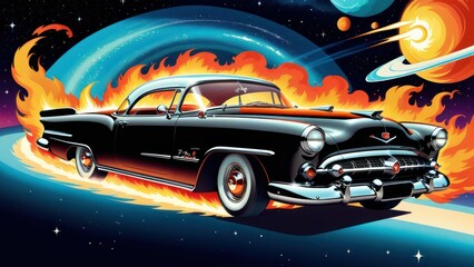 Car On Fire Flying In The Universe. generative, ai.