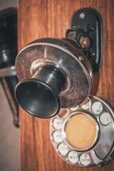 Vintage Communication: Close-up of Antique Wooden Telephone