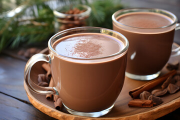Two cups of hot cocoa drink on wooden table, close-up