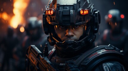 Fototapeta premium Futuristic Soldiers with Sci-Fi Weapon in Hands Ready for the Battle, Space War Concept