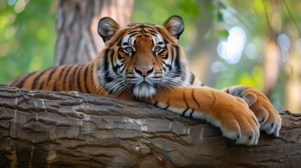a close up of a tiger laying on top of a tree branch with trees in the back ground behind it.
