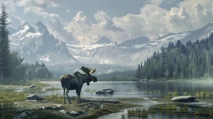 Cute adorable moose animal on nature's soft lap. In its natural habitat. Generative AI - obrazy, fototapety, plakaty
